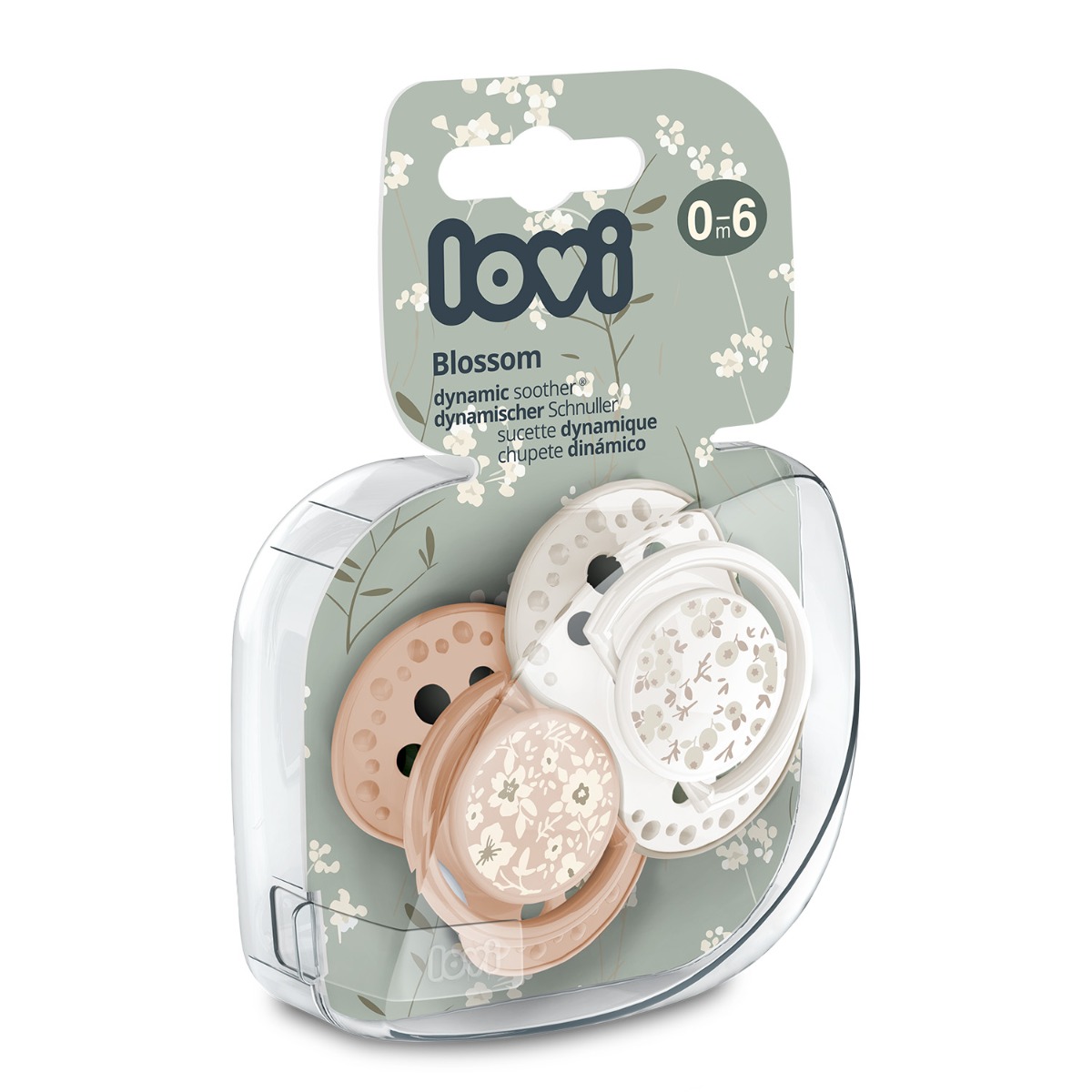 Smoczek silikonowy dynamiczny LOVI 0-6 m 2 szt. Blossom Ivory