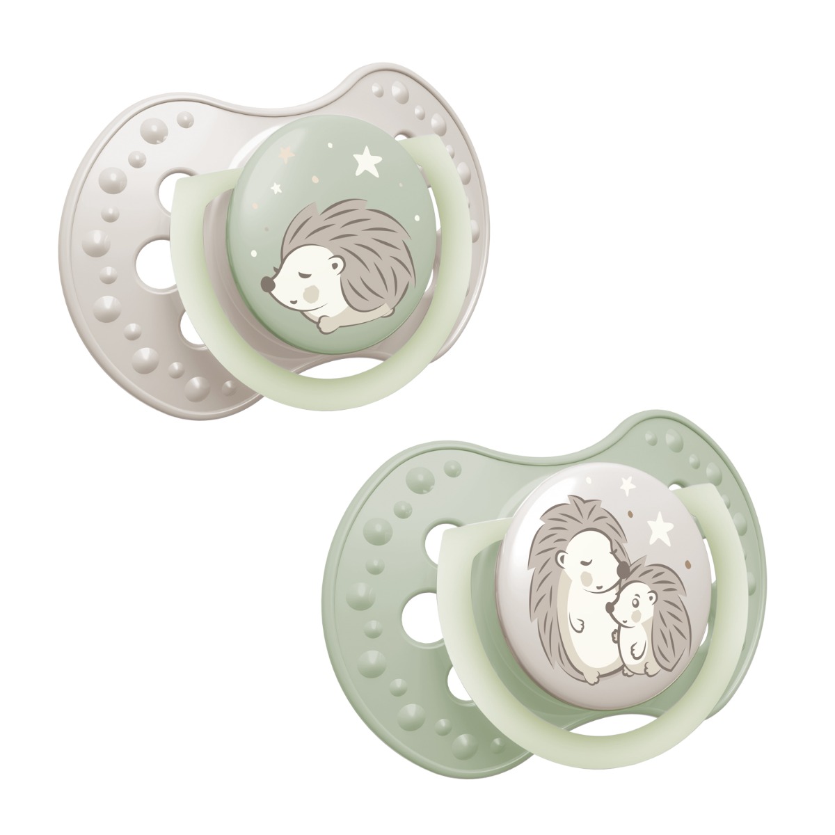 Smoczek silikonowy dynamiczny LOVI 0-6m 2 szt Night&Day Hedgehog