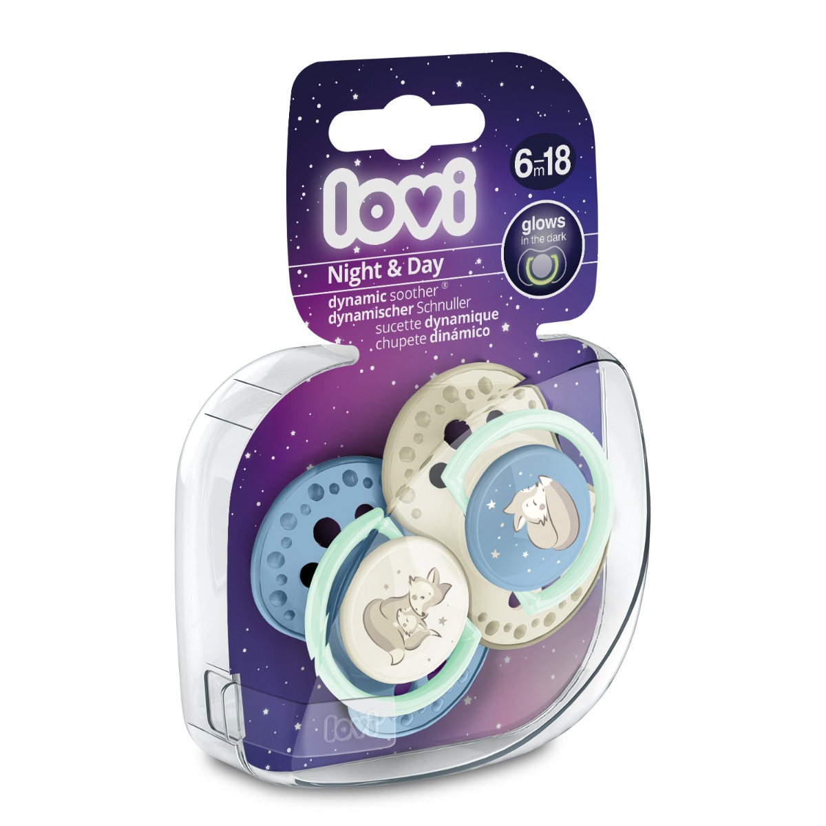 Smoczek silikonowy dynamiczny LOVI 6-18m 2 szt. Night&Day Boy
