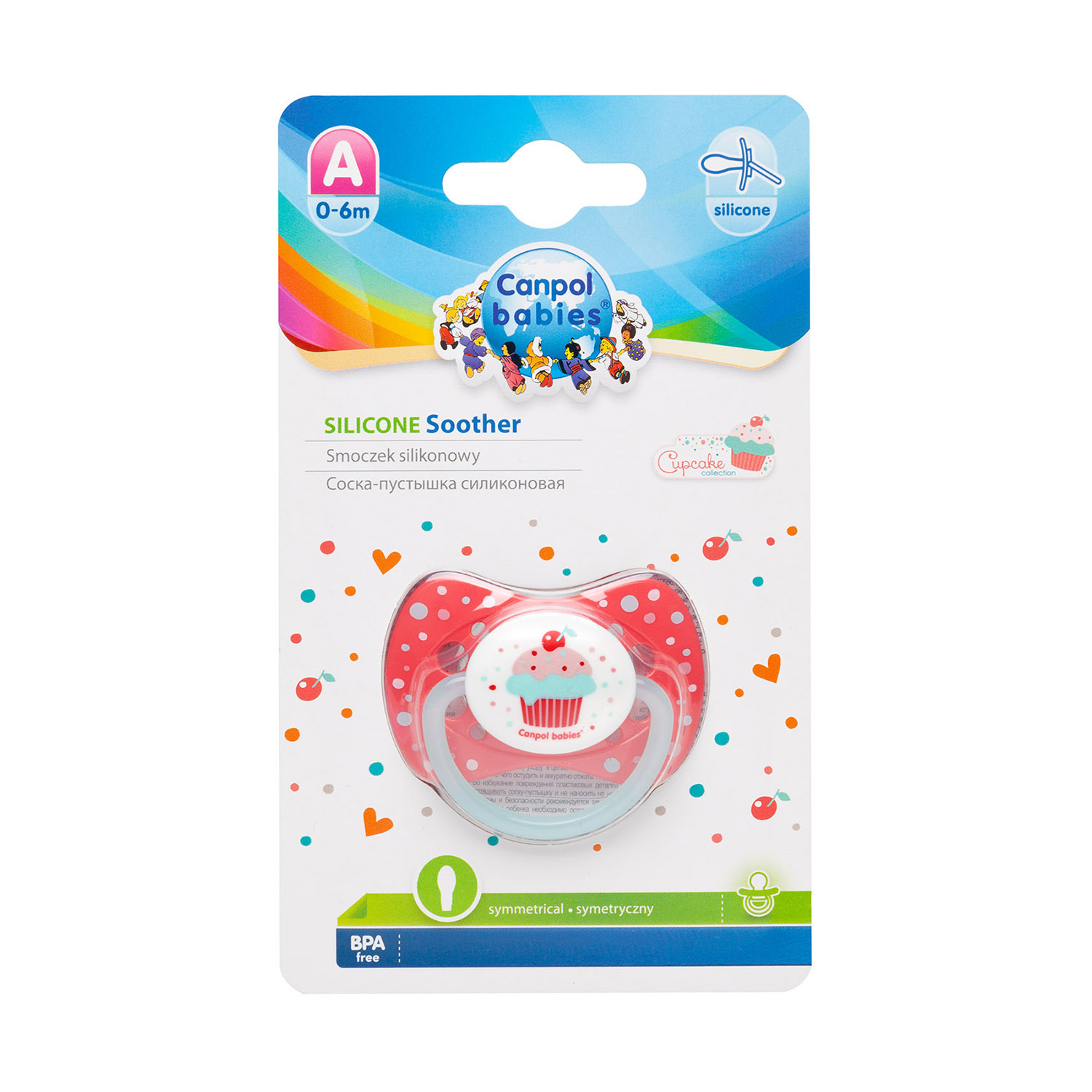 Canpol babies smoczek uspokajający silikonowy 0-6m symetryczny CUPCAKE różowy