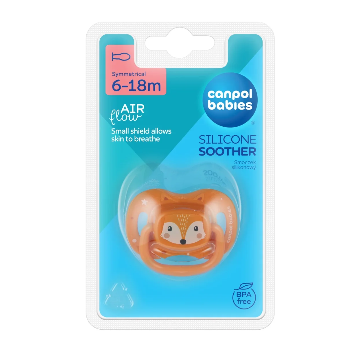 Canpol babies Smoczek usp. silikonowy 6-18m symetryczny CUTE ANIMALS pomarańczowy