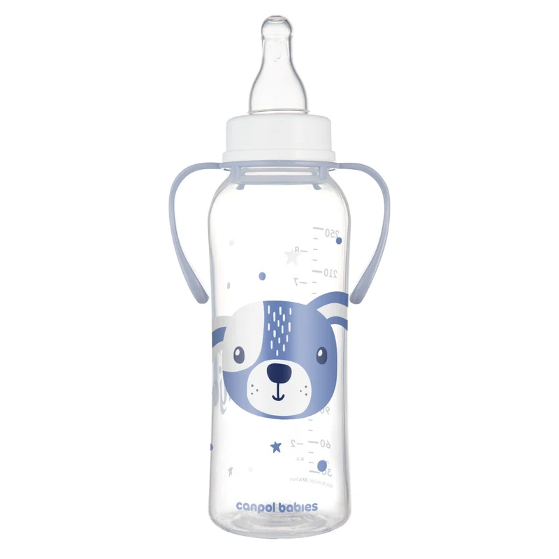 Canpol babies Butelka standardowa wąska z uchwytami 250 ml CUTE ANIMALS niebieska