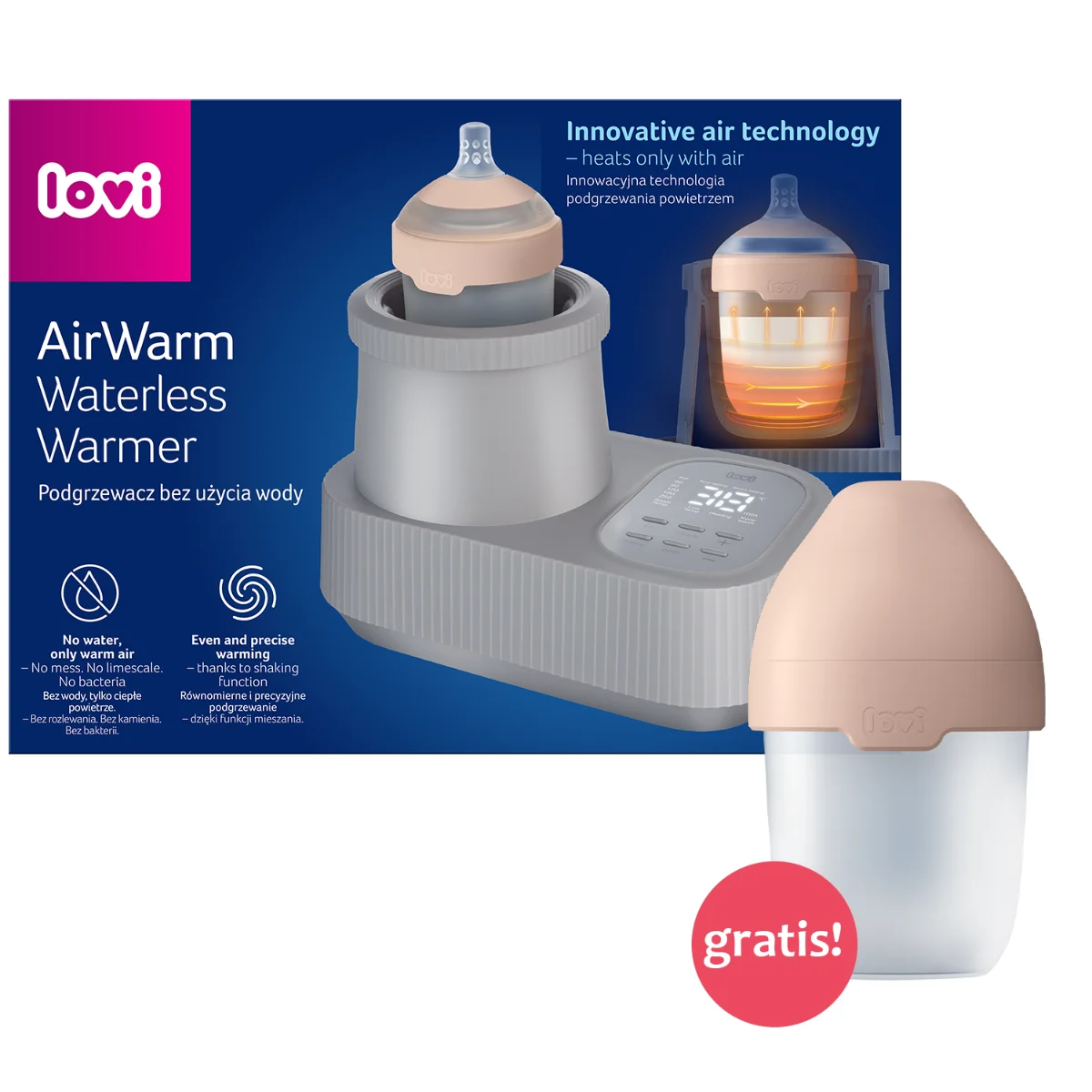 Podgrzewacz bez użycia wody LOVI AirWarm + Butelka LOVI Mammafeel 150 ml GRATIS