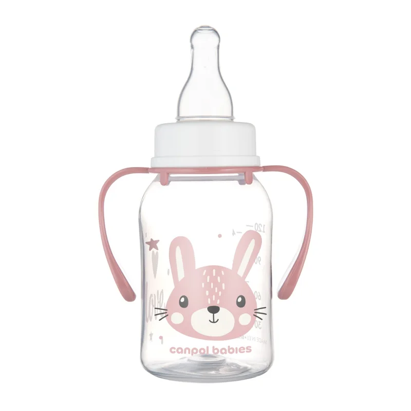 Canpol babies Butelka standardowa wąska z uchwytami 120 ml CUTE ANIMALS różowa