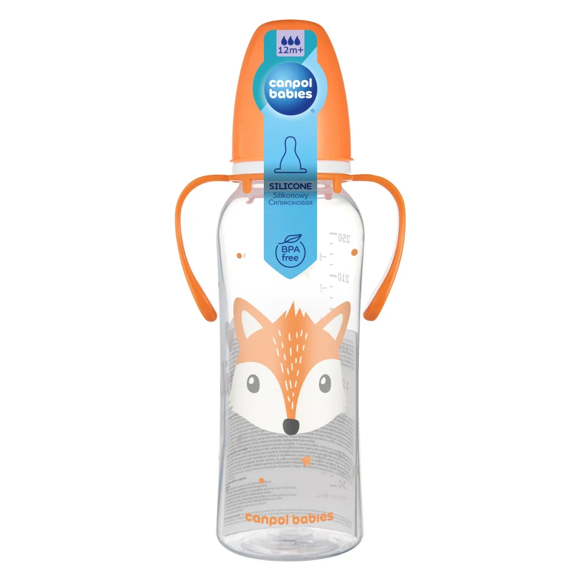 Canpol babies Butelka standardowa wąska z uchwytami 250 ml CUTE ANIMALS pomarańczowa