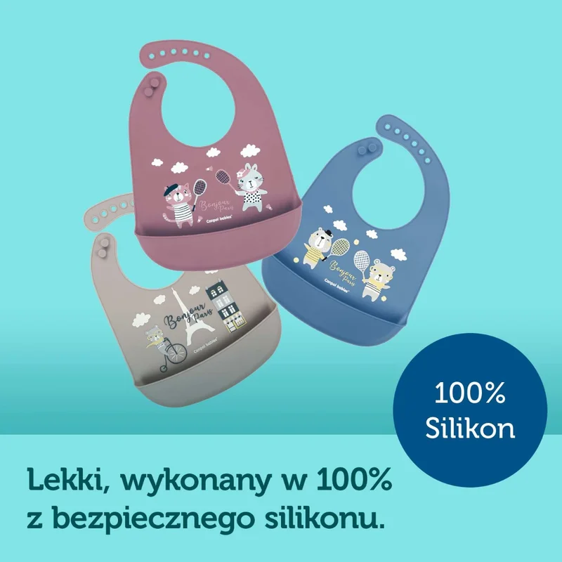 Canpol babies śliniak silikonowy z kieszonką BONJOUR PARIS bordowy
