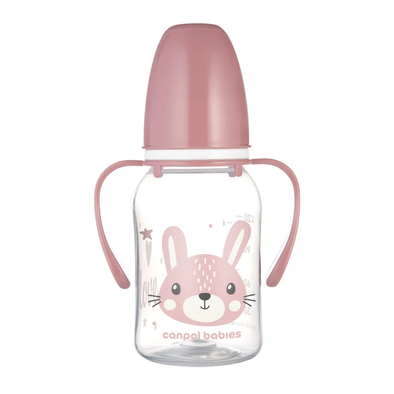 Canpol babies Butelka standardowa wąska z uchwytami 120 ml CUTE ANIMALS różowa