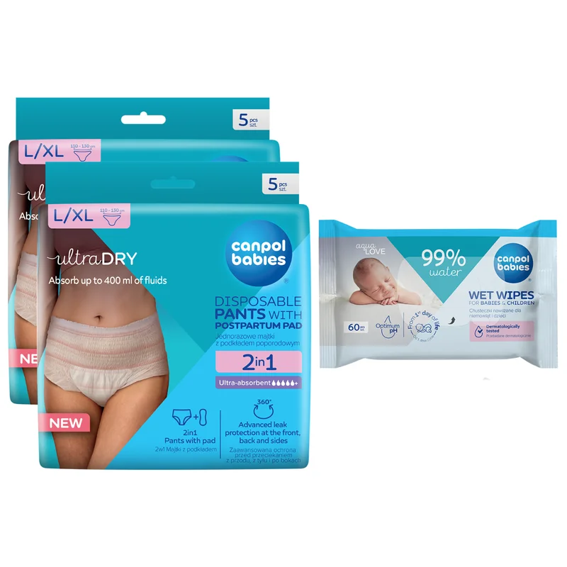 Canpol babies Zestaw 2x oddychające majtki 2w1 z podkładem poporodowym L/XL + chusteczki nawilżane 60szt gratis