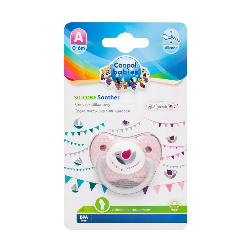 Canpol babies smoczek uspokajający silikonowy 0-6m anatomiczny LET'S CELEBRATE różowy