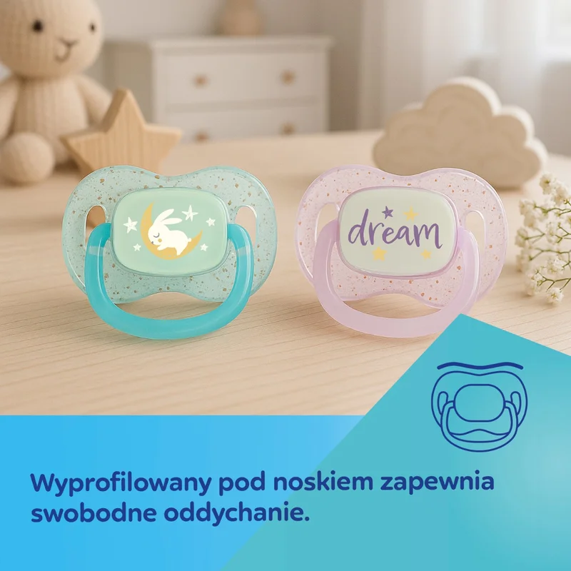Canpol babies Smoczek uspokajający silikonowy symetryczny 0-6m NightGlow 2szt róż​
