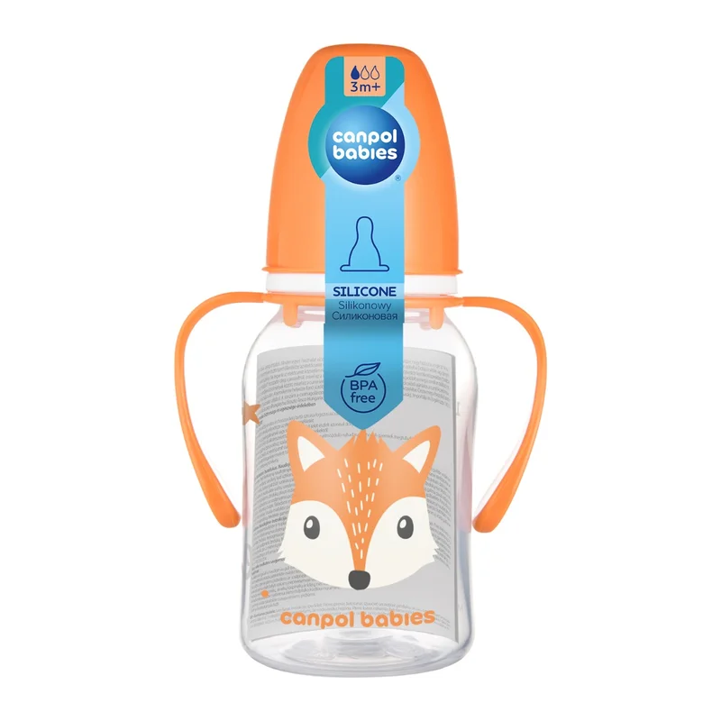 Canpol babies Butelka standardowa wąska z uchwytami 120 ml CUTE ANIMALS pomarańczowa