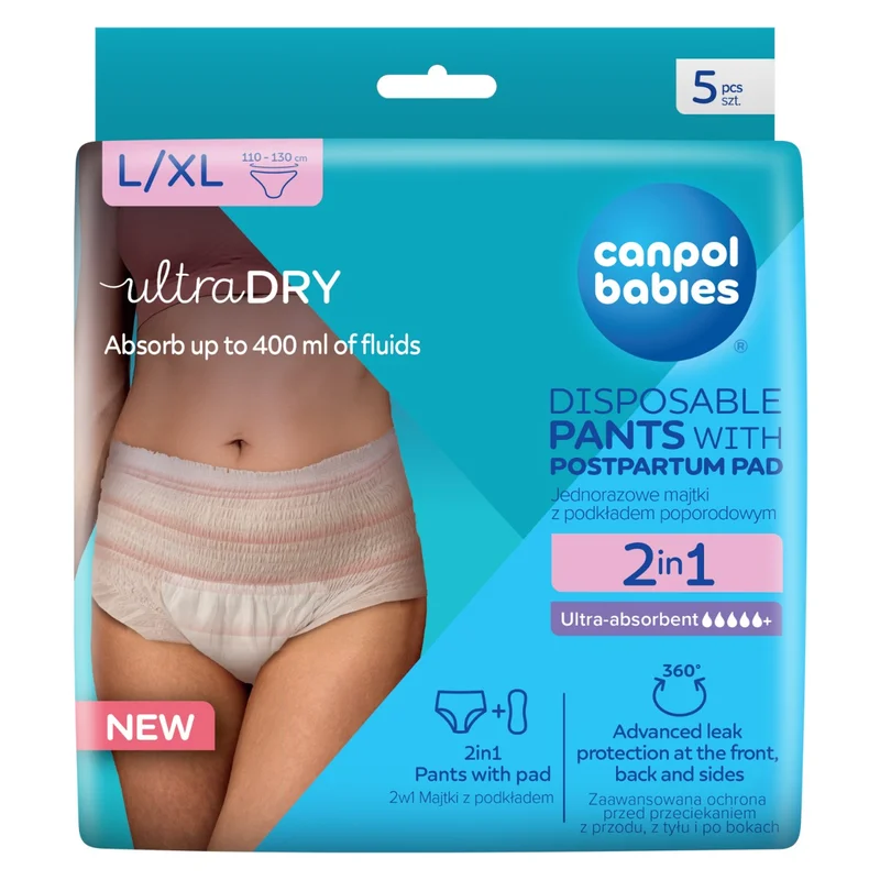 Canpol babies Zestaw 2x oddychające majtki 2w1 z podkładem poporodowym L/XL + chusteczki nawilżane 60szt gratis