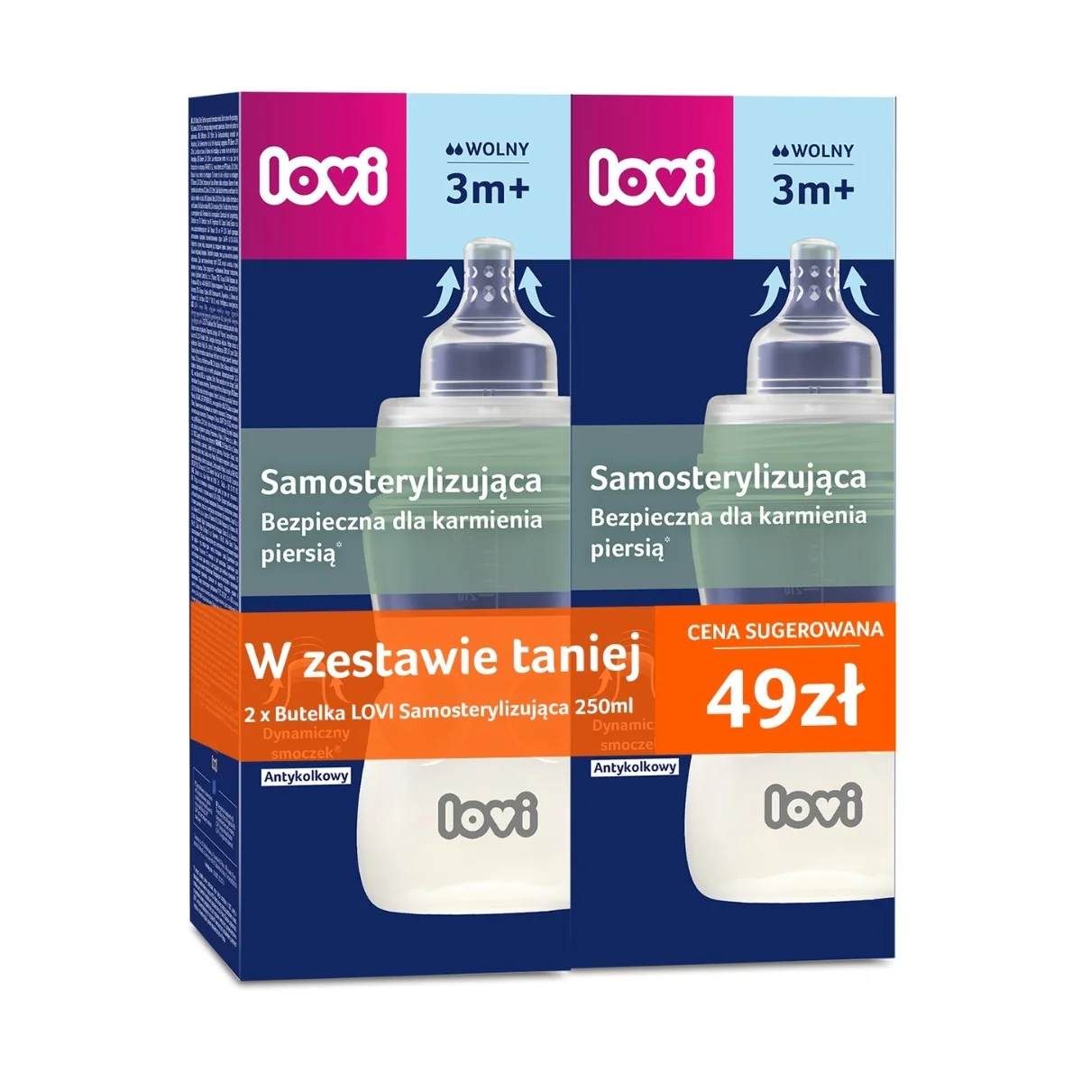 LOVI Zestaw 2x Butelka Medical+ samosterylizująca, 250 ml ze smoczkiem 3 m+