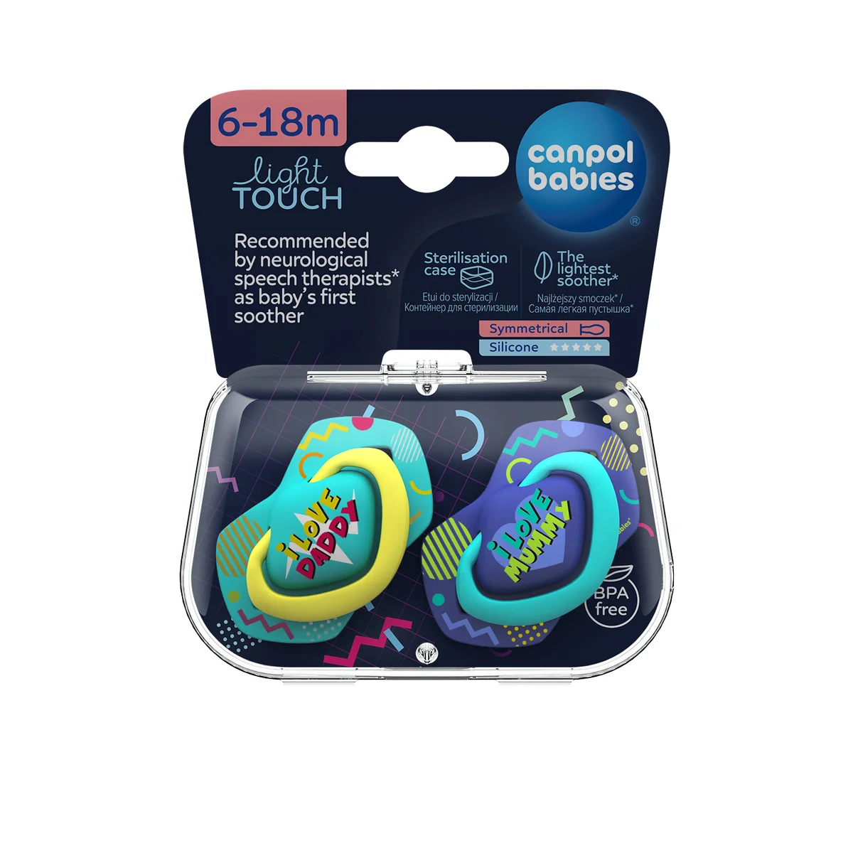 Canpol babies Smoczek silikonowy Light touch 6-18m symetryczny NEON LOVE 2 szt.