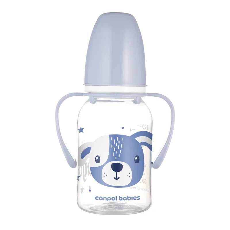 Canpol babies Butelka standardowa wąska z uchwytami 120 ml CUTE ANIMALS niebieska