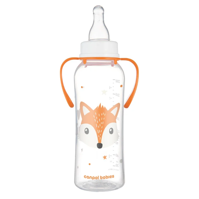 Canpol babies Butelka standardowa wąska z uchwytami 250 ml CUTE ANIMALS pomarańczowa