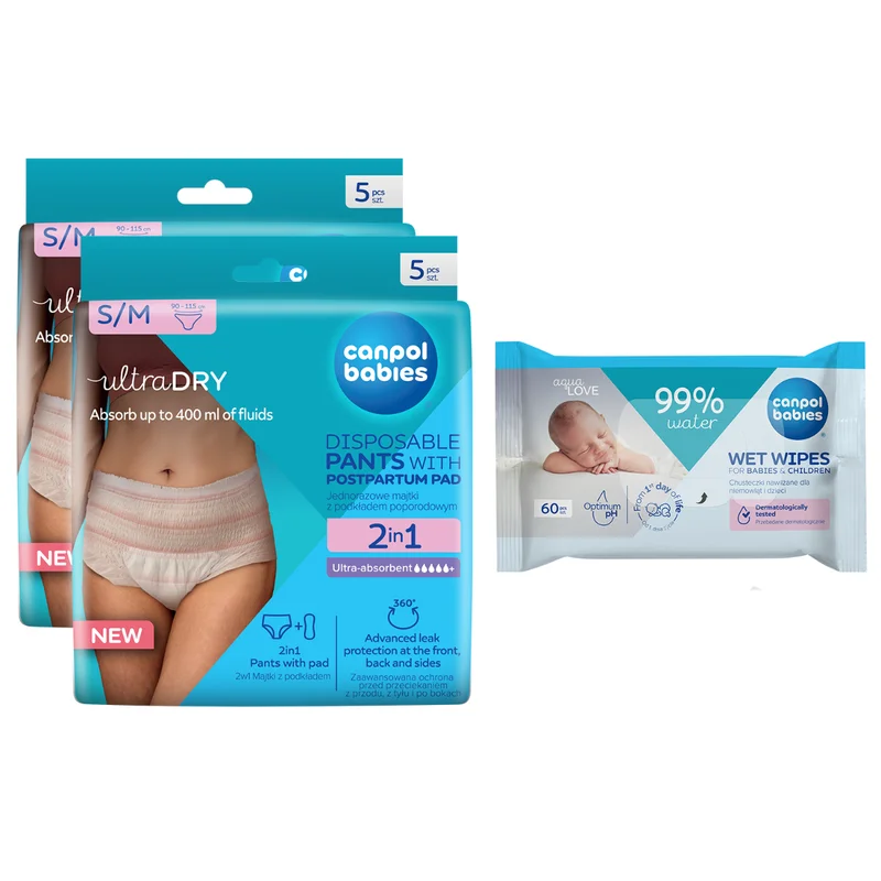 Canpol babies Zestaw 2x oddychające majtki 2w1 z podkładem poporodowym S/M + chusteczki nawilżane 60szt gratis