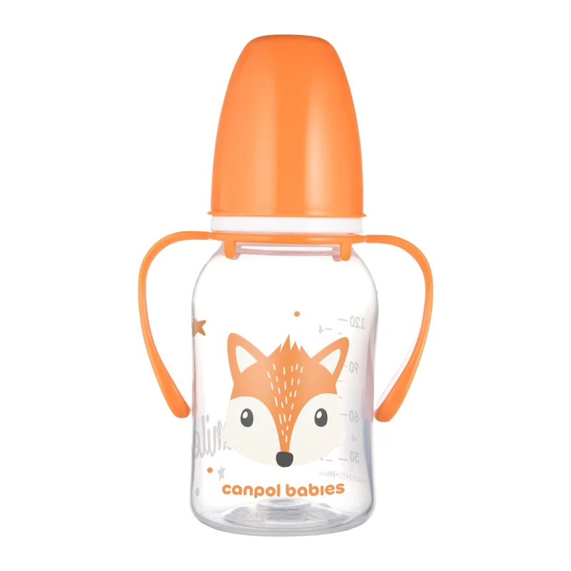 Canpol babies Butelka standardowa wąska z uchwytami 120 ml CUTE ANIMALS pomarańczowa