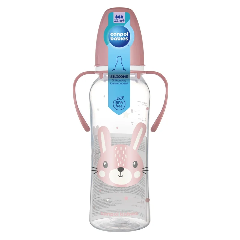 Canpol babies Butelka standardowa wąska z uchwytami 250 ml CUTE ANIMALS różowa
