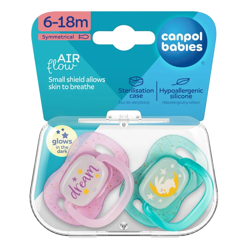 Canpol babies Smoczek uspokajający silikonowy symetryczny 6-18m NightGlow 2szt róż