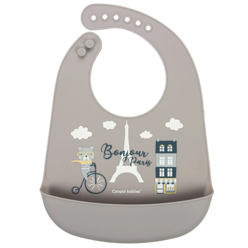 Canpol babies śliniak silikonowy z kieszonką BONJOUR PARIS beżowy