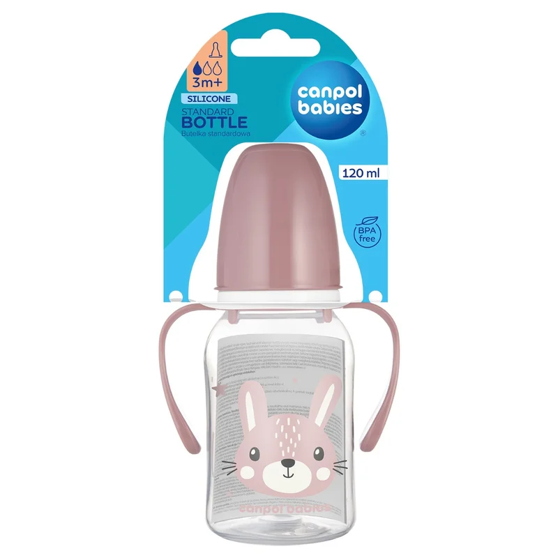 Canpol babies Butelka standardowa wąska z uchwytami 120 ml CUTE ANIMALS różowa