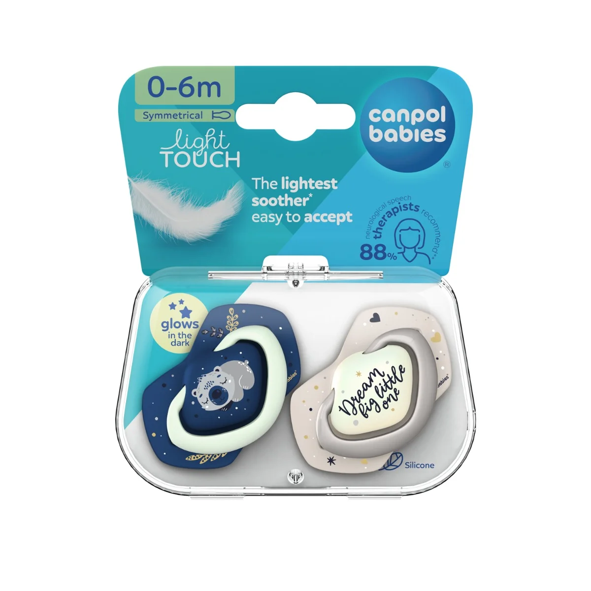 Canpol babies Smoczek silikonowy 0-6m symetryczny świecący w ciemności SLEEPY KOALA 2szt.