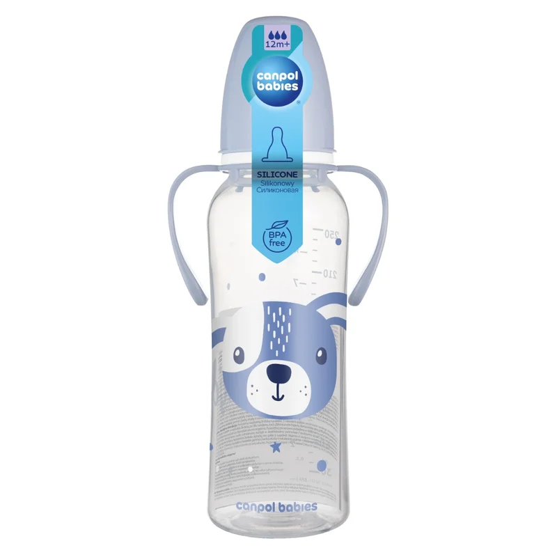 Canpol babies Butelka standardowa wąska z uchwytami 250 ml CUTE ANIMALS niebieska