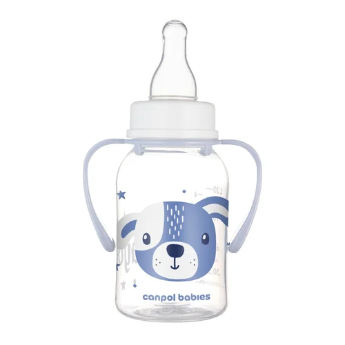 Canpol babies Butelka standardowa wąska z uchwytami 120 ml CUTE ANIMALS niebieska