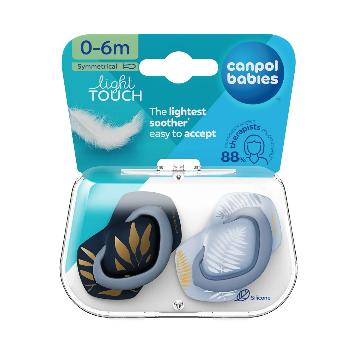 Canpol babies Smoczek silikonowy Light touch 0-6m symetryczny GOLD 2 szt. niebieski