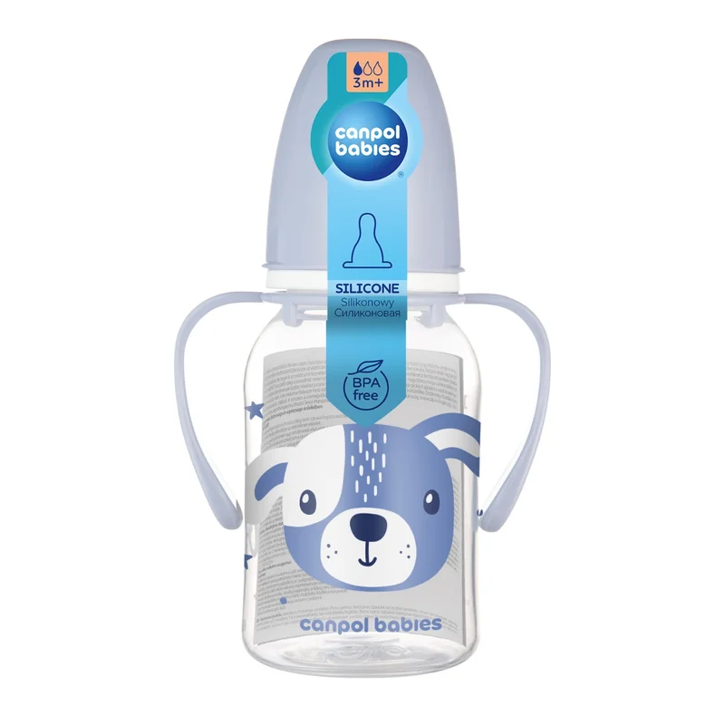 Canpol babies Butelka standardowa wąska z uchwytami 120 ml CUTE ANIMALS niebieska
