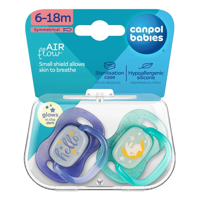 Canpol babies Smoczek uspokajający silikonowy symetryczny 6-18m NightGlow 2szt nieb