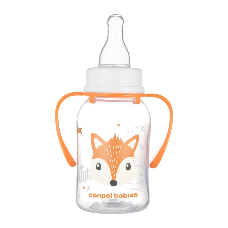 Canpol babies Butelka standardowa wąska z uchwytami 120 ml CUTE ANIMALS pomarańczowa