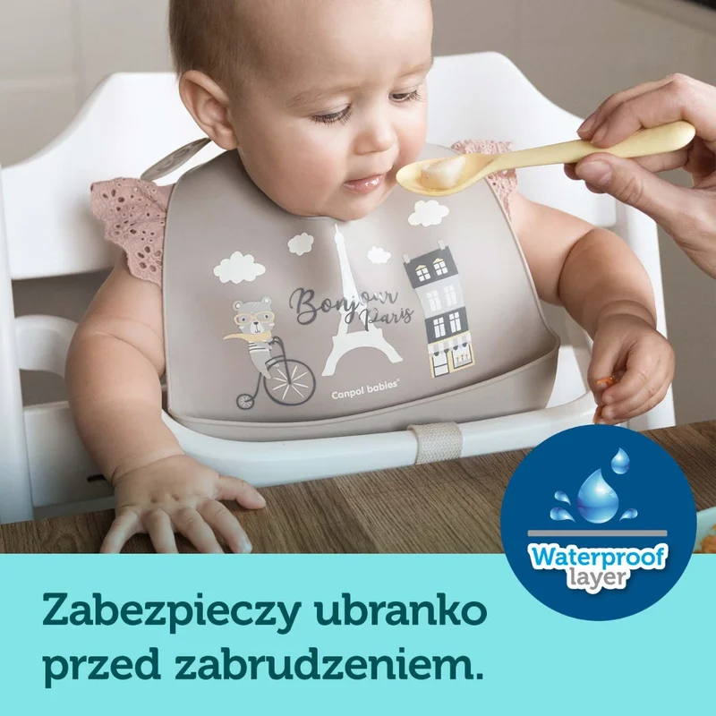 Canpol babies śliniak silikonowy z kieszonką BONJOUR PARIS bordowy
