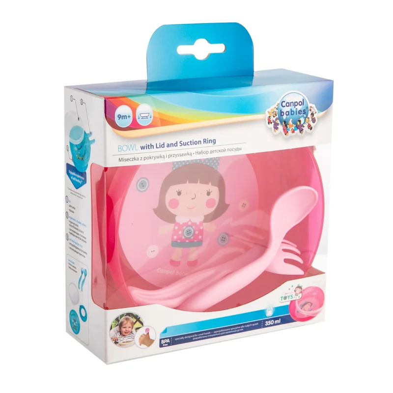 Miseczka antypoślizgowa z pokrywką i sztućcami 350 ml TOYS