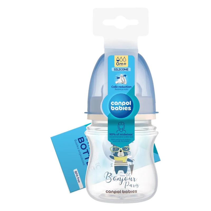 Butelka szeroka antykolkowa Canpol babies 120 ml PP EasyStart BONJOUR PARIS niebieska