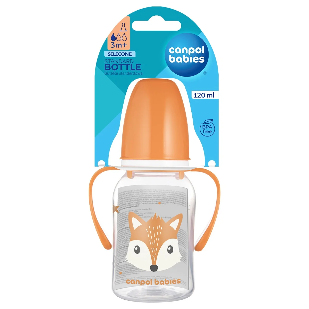 Canpol babies Butelka standardowa wąska z uchwytami 120 ml CUTE ANIMALS pomarańczowa