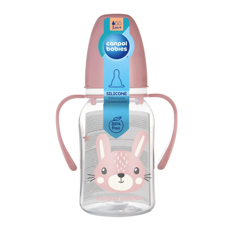 Canpol babies Butelka standardowa wąska z uchwytami 120 ml CUTE ANIMALS różowa