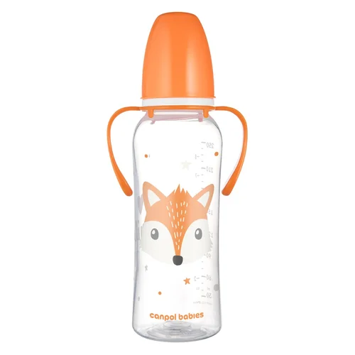Canpol babies Butelka standardowa wąska z uchwytami 250 ml CUTE ANIMALS pomarańczowa