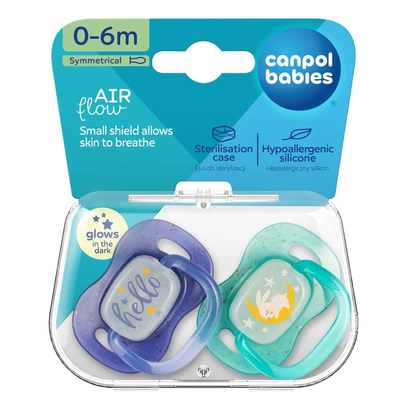 Canpol babies Smoczek uspokajający silikonowy symetryczny 0-6m NightGlow 2szt nieb​